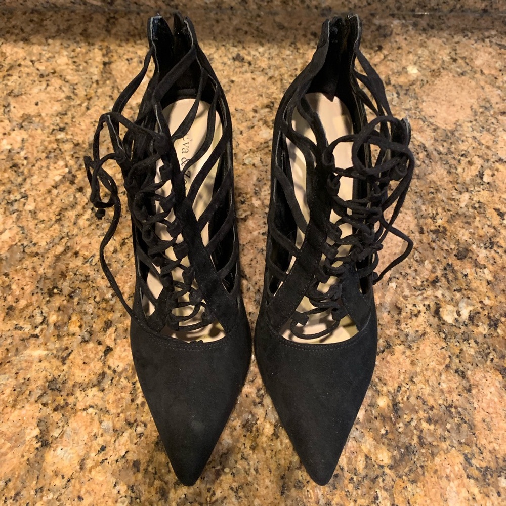 Black Suede Tie Up Stiletto Heal! Size 8.